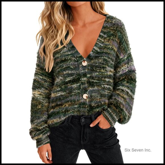 Sweaters - Striped V-Neck Cardigan Fuzzy Knit Oversized Chic Fall Winter Outerwear